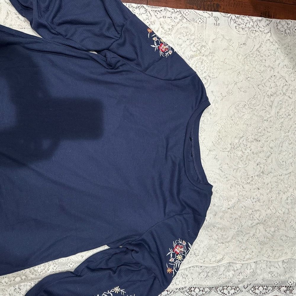 Bloom Chic Navy Blue Floral Embroidered Women's Top waffle knit 2x western boho - Picture 4 of 6